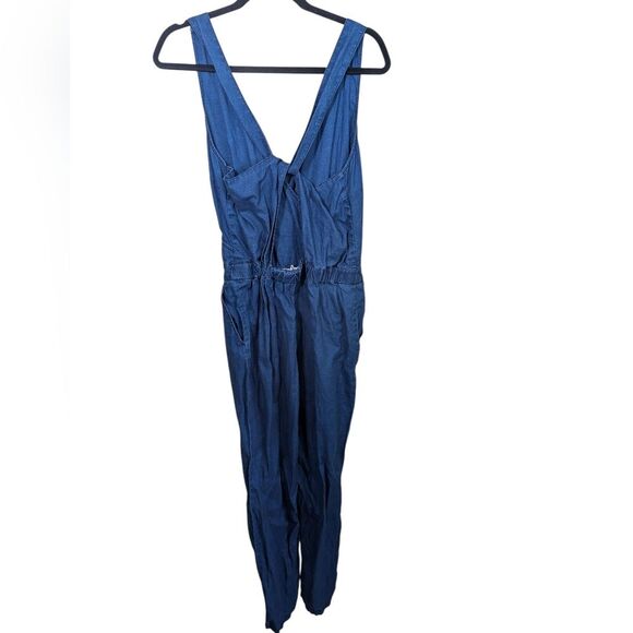 Madewell Jumpsuit Blue Straight Leg 100% Linen Pockets Cut-Out Elastic Back 4 - Picture 4 of 16